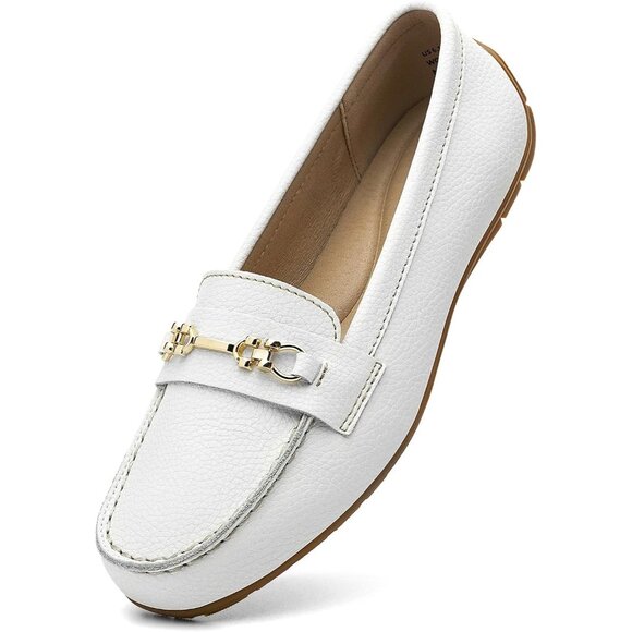 Kordal Women's White Leather Gold Accent Buckle Slip-Ons Walking Flats Loafers - Picture 1 of 9
